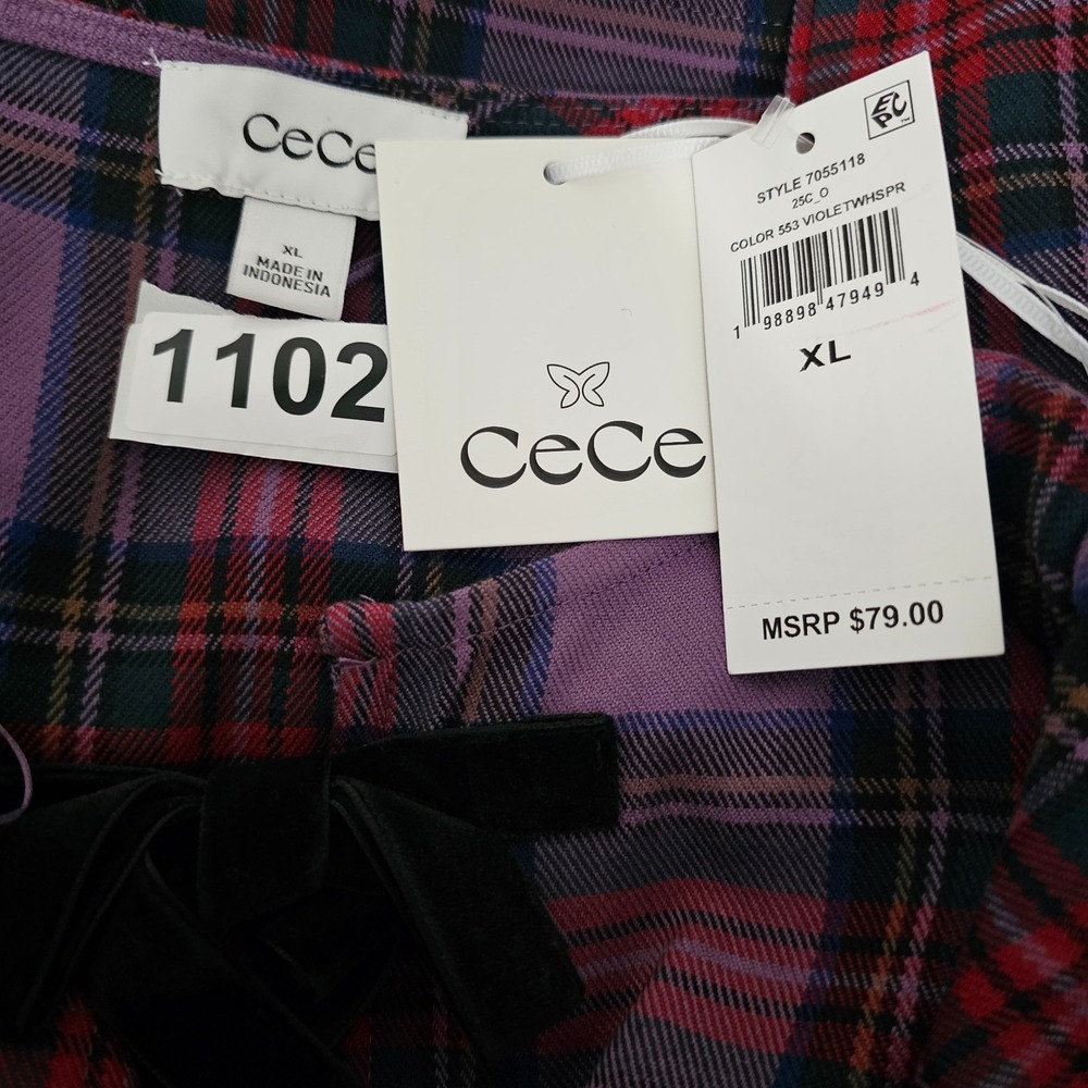 Cece Women's Top Blouse XL Purple Plaid Puff Short Sleeves Front Bow Tie 1102 - Picture 7 of 7